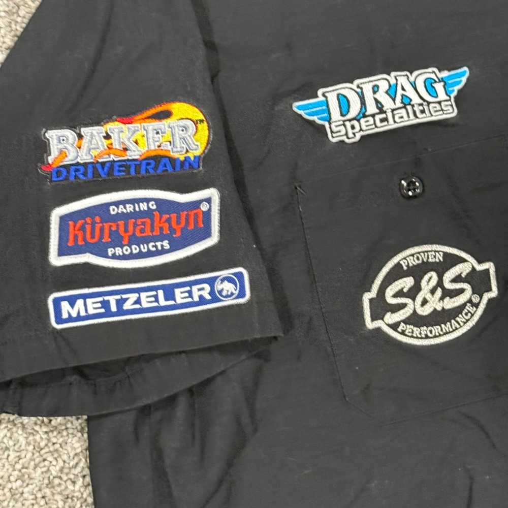 Y2K Throttle Threads Racing Mechanic Shirt Drag Specialties Patches Mens Large - Picture 4 of 7